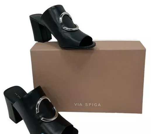 Via Spiga Size 8.5M V-Eleni Black Leather High Heel Slide Sandal NIB