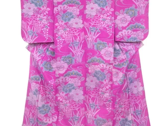 20027# Japanese Kimono / Antique Kimono / Meisen / Woven Stream & Floral Pla