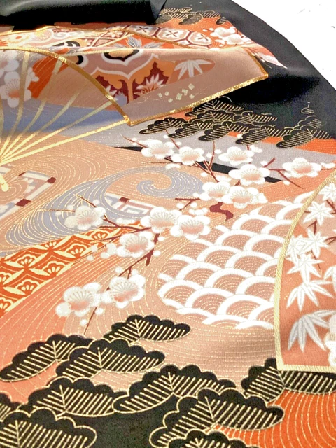 Vintage Japanese Kimono Silk Fabric, Black Fans Tomesode Long Panel, 166cm