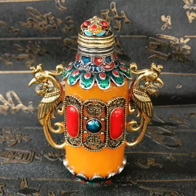 An Exquisite Chinese Handmade Double Phoenix Inlaid Copper Snuff Bottle