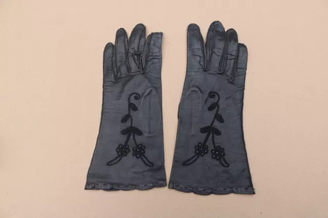 Vintage Manhattan Quality Women’s Black Leather Long Gloves Floral Size 7 1/2