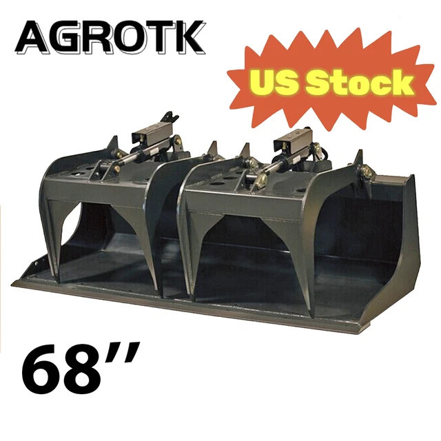 Agrotk 68" Skid Steer Grapple Bucket Attachment Fits Quick Attach Dual Cylinder