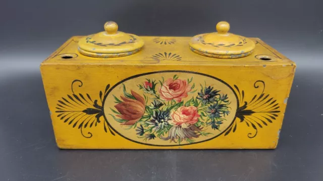 Antique French Hand Painted Tin Metal Double Inkwell