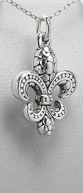 Solid Sterling Silver Pebbled Fleur De Lis Pendant 1.41"=36mm  Long 1.85g