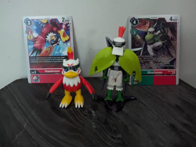 Vintage Hawkmon and Shurimon Armor Evolution Digimon Figure Lot + Bonus Cards