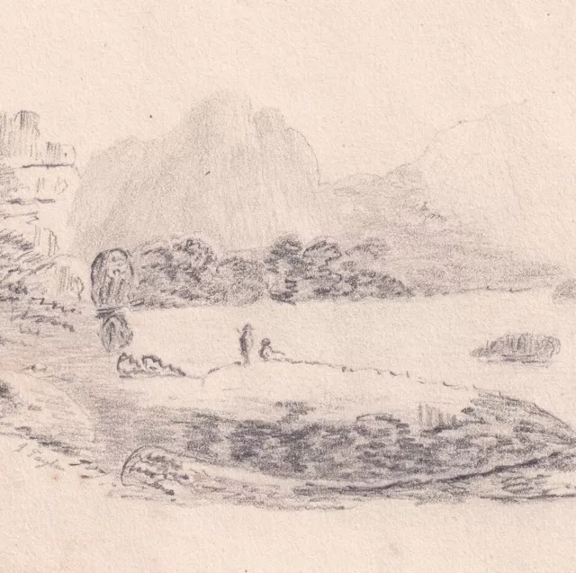 Lake landscape scene English School pencil drawing antique 19th century