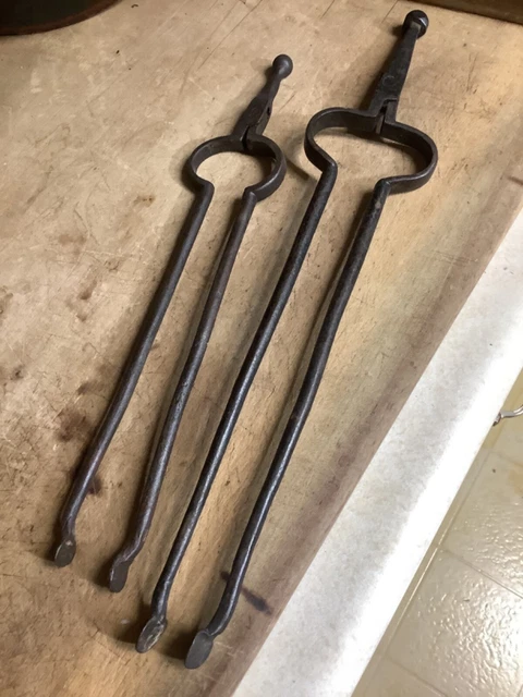 Two early 18th century hand wrought iron tongs original surface aafa