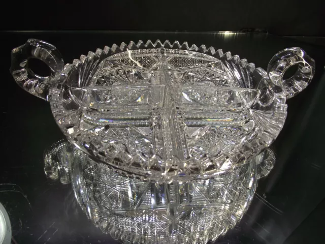 American Brilliant Period Cut Glass Straus & Sons Low Two Handled Divided Bowl