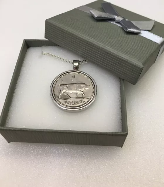 Irish Shilling Coin Pendant Necklace -Silver Plated- Gift