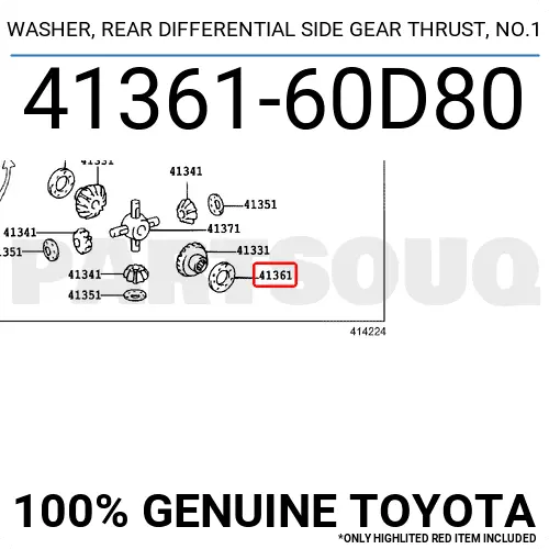 4136160D80 Genuine Toyota WASHER, REAR DIFFERENTIAL SIDE GEAR THRUST, NO.1