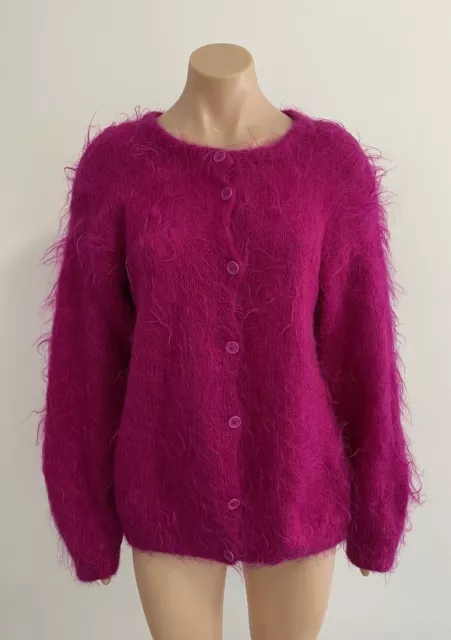 Fuchsia Hand Knitted Mohair Wool Cardigan Fits Size 10-12