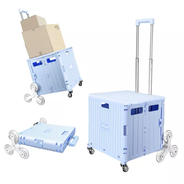 Honshine Foldable Cart with Stair Climbing Wheels Collapsible Rolling Crate Blue