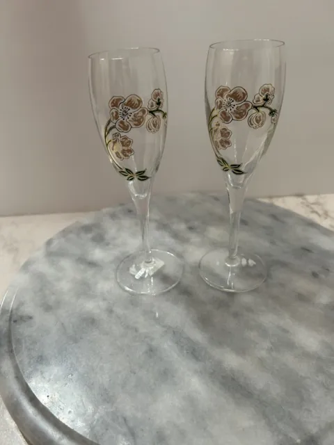 Perrier Jouet - French Art Nouveau, 2 Fluted Champagne Glass Set, Pink Flower