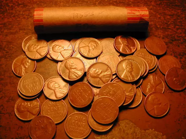 1955-S Lincoln Wheat Cent Penny Roll, 50 Nice Coins!