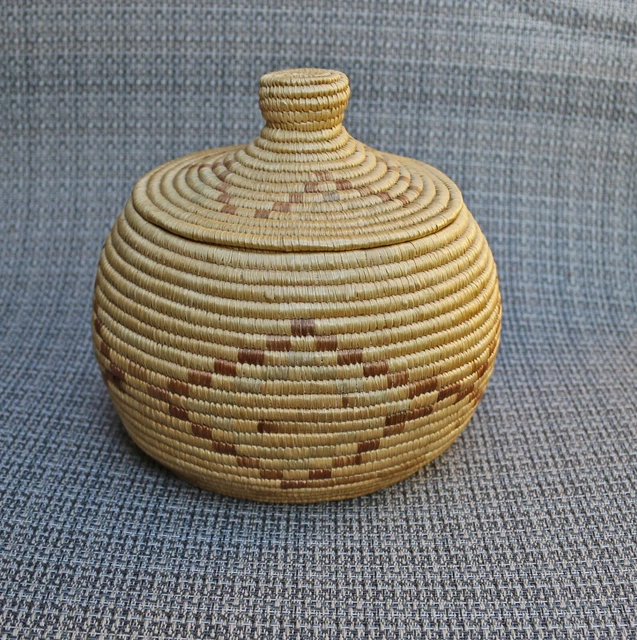 An Old or Antique Yupik, Inuit, Eskimo Lidded Basket 8"d x 6 1/4"h