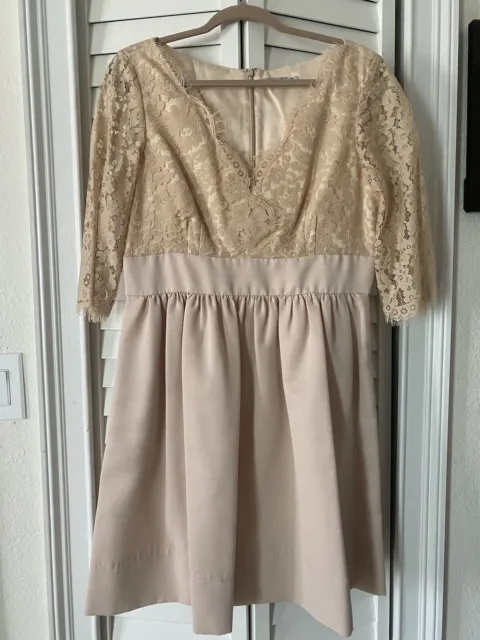 Eliza J Nude Beige Lace And Faille Dress 3/4 Sleeve Fit And Flare Sz 14