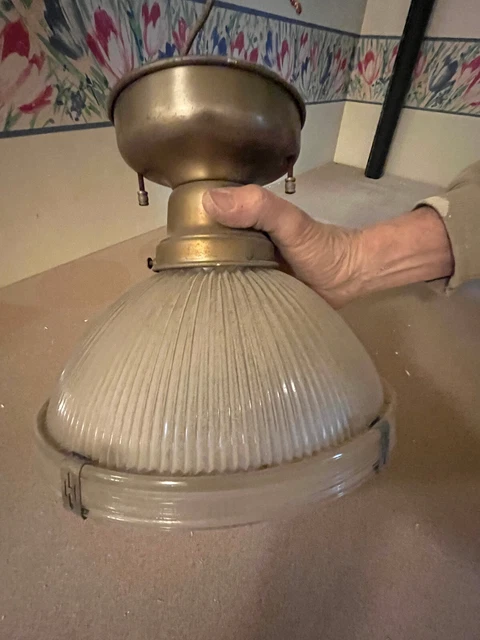 Vintage 1950s Holophane prismatic ceiling light & fixture - electric EUC 3