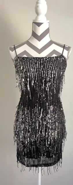 NWOT Lovely Day Fashion Mini Dress SMALL black silver sequin fringe strappy mesh 2