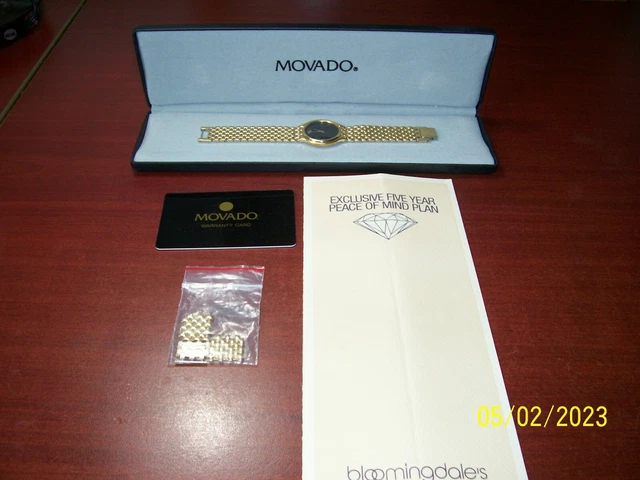 Orologio da donna Movado Museum con quadrante nero con scatola e documenti anni '90 87-33-866