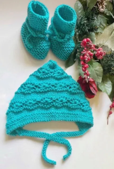 Turquoise Hand Knitted Newborn Bonnet & Booties Set