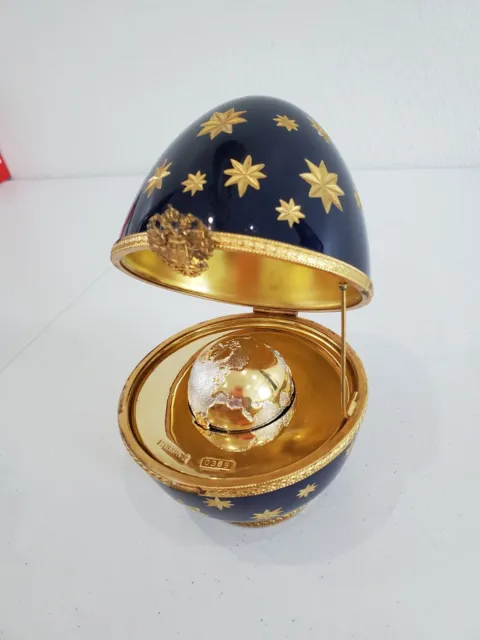 FABERGE LIMITED EDITION Navy Blue Gold Starburst EGG w/ Silver Gold Globe 6"