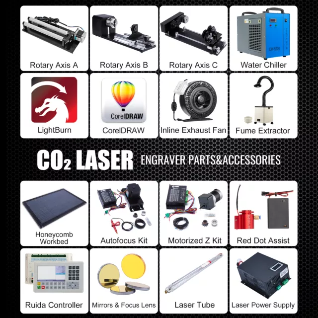 40W CO2 Laser Engraver Accessories - Rotary Axis Laser Tube Power Supply  Chiller
