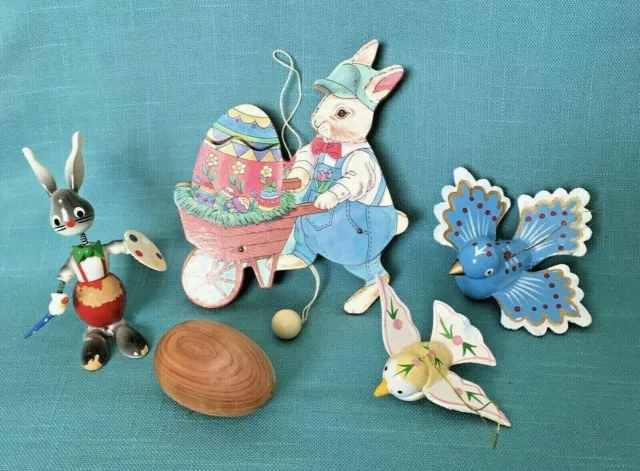 Vintage Lot Of 5 Wooden Easter Decorations Bunny Rabbits Chick Eggs Birds