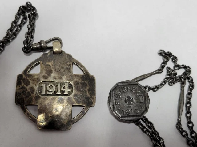 WWI German Silver Cross 1914, Eiserne Zeit 1916 watch chain Hallmarked 800