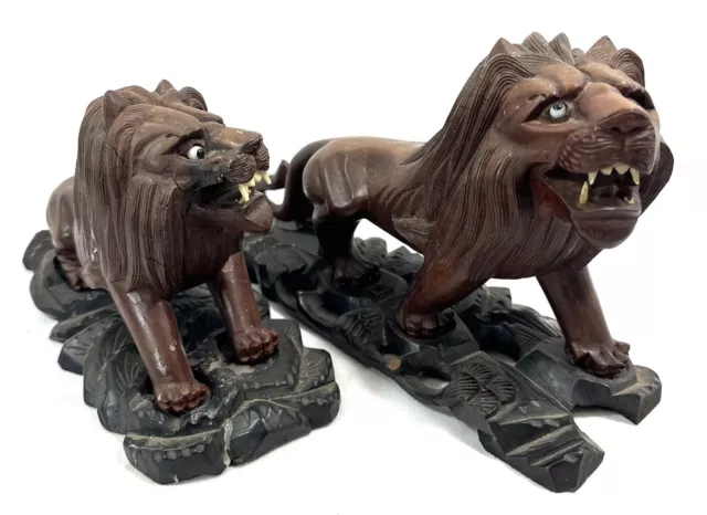 Antique Chinese Pair Of Carved Wooden Lions On Stands 11” Long Read Description