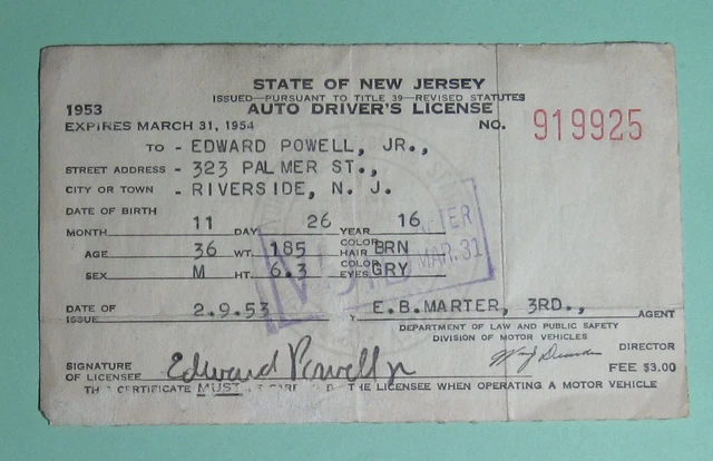 VINTAGE 1953 RIVERSIDE New Jersey Vehicle Registration Auto Driver's