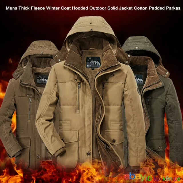 Mens Thick Fleece Winter Coat Hooded Outdoor Solid Jacket Cotton Padded Parkas
