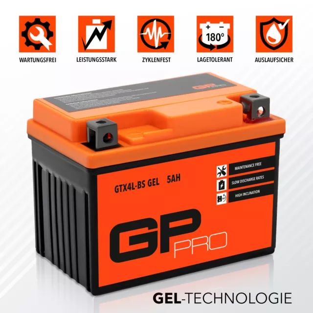 Batterie 12V 5Ah GEL GP-PRO GTX4L-BS Motorrad Roller Moped ähnl. YB4L-B YTX5L-BS 2