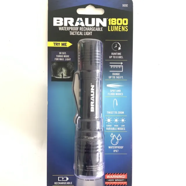 Braun 1800 Lumen Waterproof Rechargeable Tactical Flashlight (NEW)