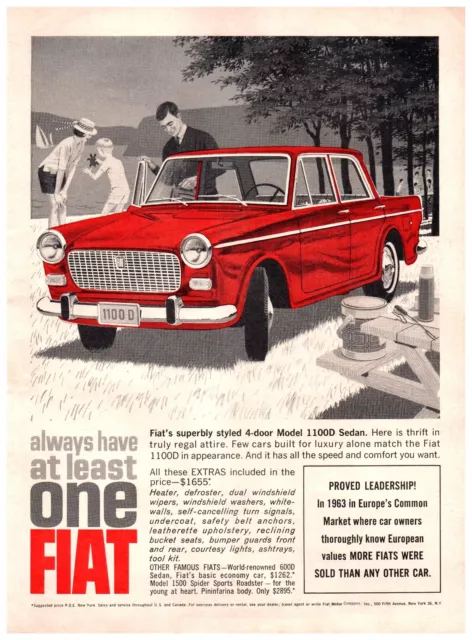 1964 Fiat 1100D Sedan Color Vintage Print Ad Picnic Family Lake Turtle Sailboat