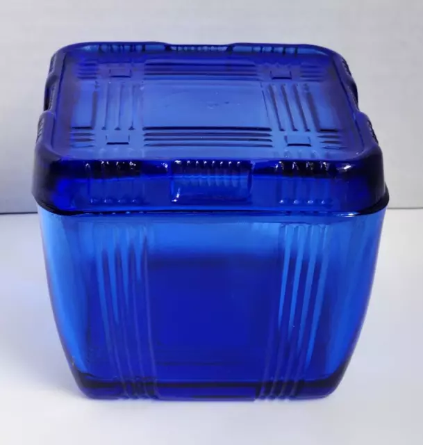 Vintage Hazel Atlas Cobalt Blue 4" Square Criss Cross Refrigerator Dish w/Lid