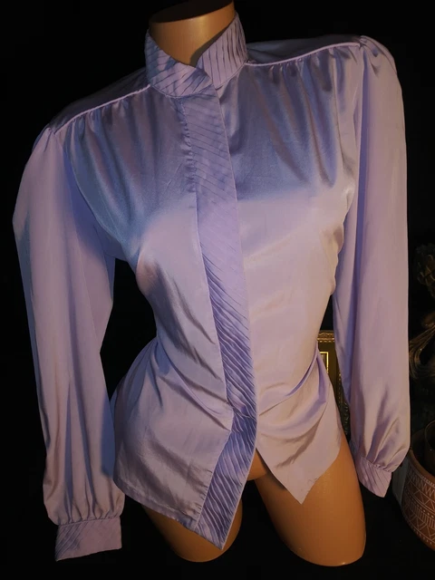 Vtg Satin tissue Pleat Office Blouse Purple Blouse Top Smooth Satin Puffy Sleeve