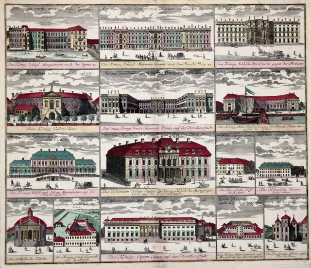 Berlin Sammelblatt Original kolorierter Kupferstich Seutter 1740 fleckig