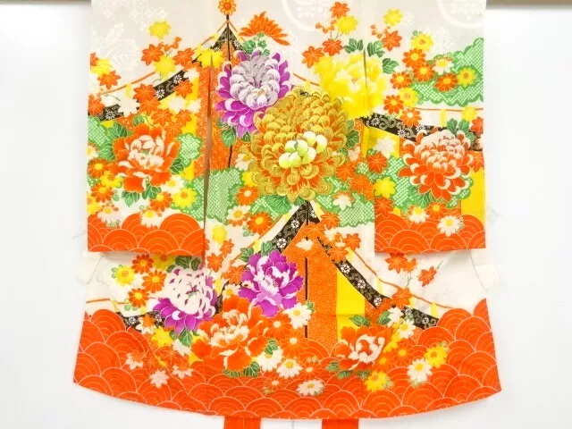 33334# Japanese Kimono / Antique Kimono For Girls / Embroidery / Peony & Flo