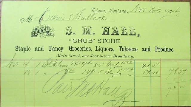 Helena, MT 1874 Letterhead: Liquor/Tobacco/Grocery, S M Hall - Montana Territory