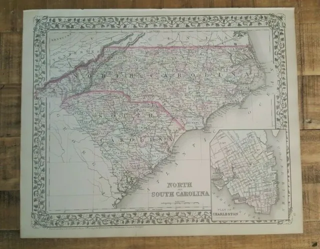 Antique Hand Colored MAP - NORTH AND SOUTH CAROLINA (& PLAN OF CHARLESTON)- 1880