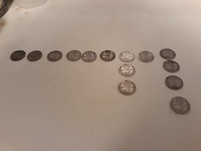 14x Silver THREEPENCE 3d COINS 1897 1903 1908 1913 1914 1916 1917 1918 1919