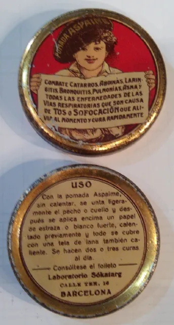 Año 1940/50. Cajita FARMACEUTICA de Metal (hojalata). Pomada ASPAIME. SÓKATARG.