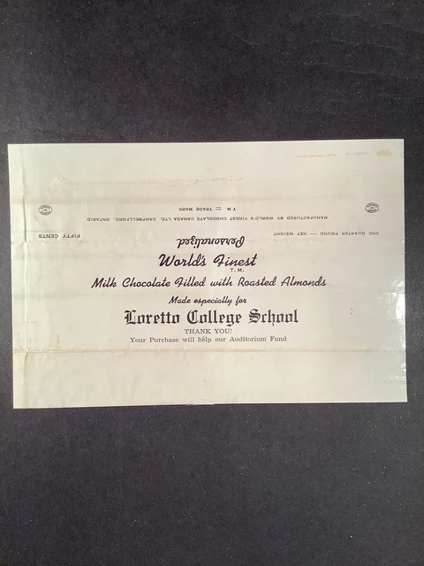 World’s Finest 1970’s “ Loretta School “ Canadian Chocolate 50 Cent  Wrapper