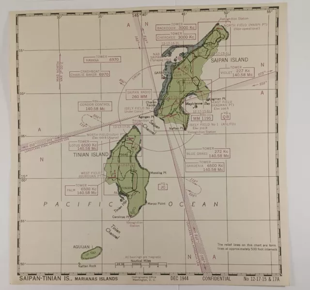 WW2 WWII AAF Saipan Tinian DEC 1944 Confidential Map, 8" X 8"