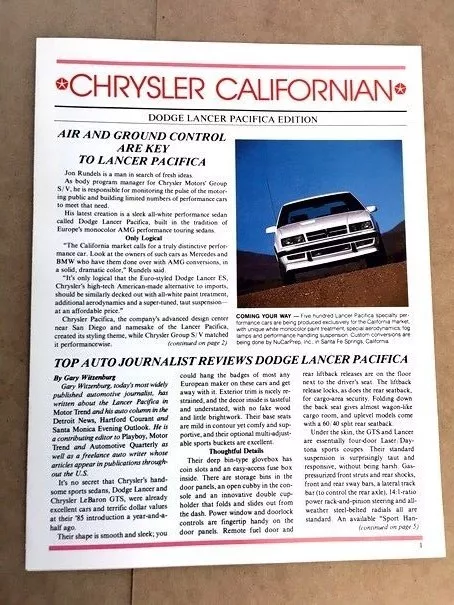 1986 Dodge Lancer Pacifica Edition Original Car Sales Brochure Folder