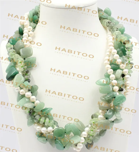 20" Natural Stone Green Aventurine Jades Prehnites White Pearl Necklace