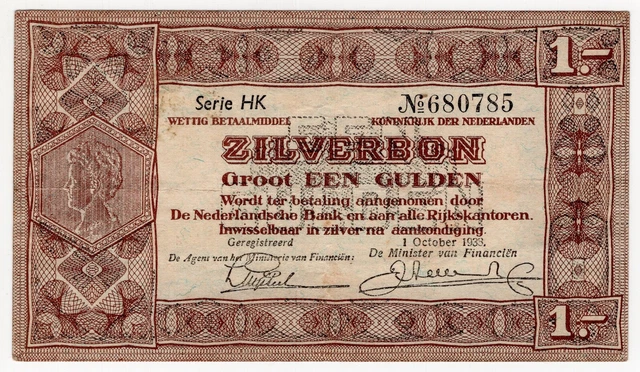 1938 Netherlands One 1  Gulden Silver Voucher  World Banknote Nice Bill P61