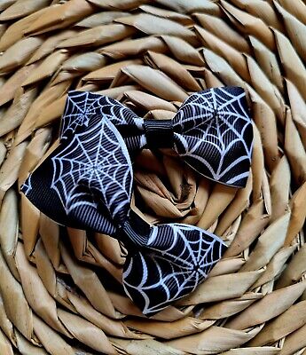 Halloween Black spider web hair bow kids baby toddler clips set of 2 pinch bows
