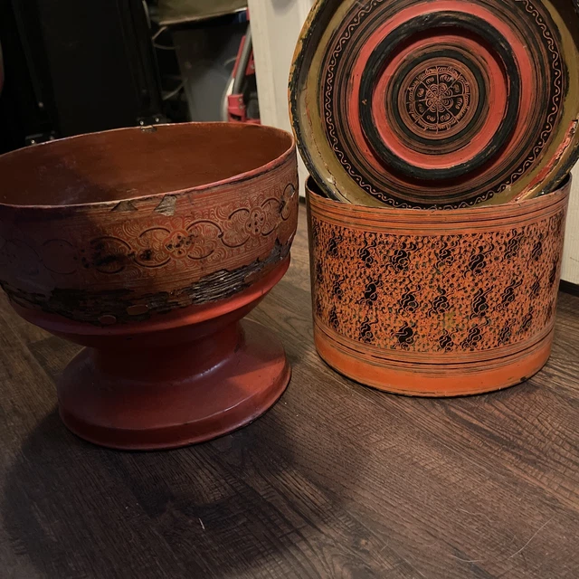 VINTAGE LACQUER BETEL BOX; BURMA And Primitive Cinnabar Bowl -2 Piece Set
