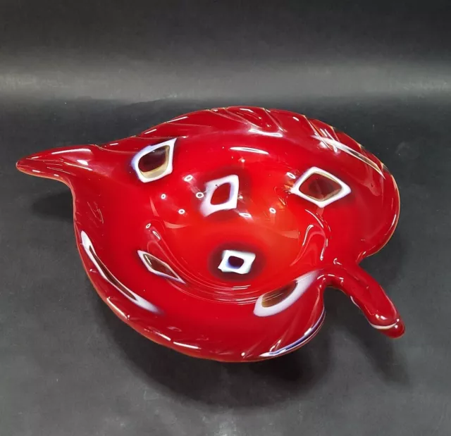 Murano Art Glass Leaf Bowl Millefiori Cased Red Glass Dish 11.5 inch Long